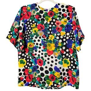VTG Pat Argenti Silk Colorful Floral Polka Dot Retro 80s Short Sleeve Blouse S